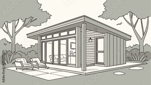 Modern Garden Studio Design Architectural Drawing Outdoor Office Backyard Retreat Home Extension Contemporary Design Illustration.