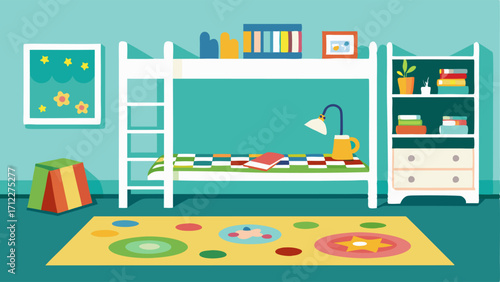 A childs room with a white bunk bed and a colorful patterned rug. The walls are painted a light green and there are shelves filled with toys and books.