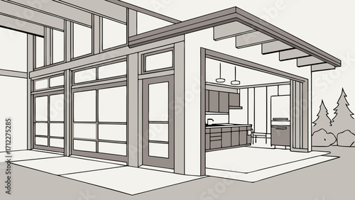 Modern House Architectural Design Open Kitchen Plan Large Windows Exterior View Home Blueprint Line Art Drawing Home Design Illustration Minimalist Style Contemporary Home House Sketch.
