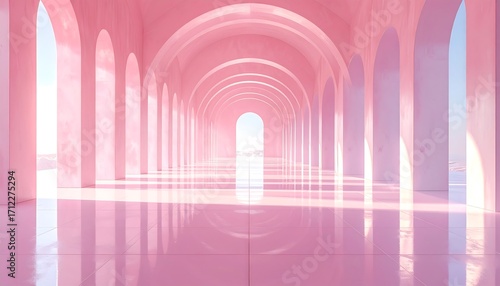 Pink archway perspective, sunlit interior