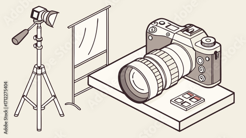 Isometric Illustration of a Professional Camera Setup with Lighting and Reflector.