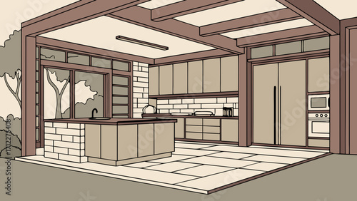 Modern Kitchen Design Minimalist Interior Illustration Architectural Sketch Home Renovation Outdoor Kitchen Concept.