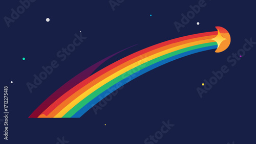 Colorful rainbow and stars banner design against a blue sky with clouds