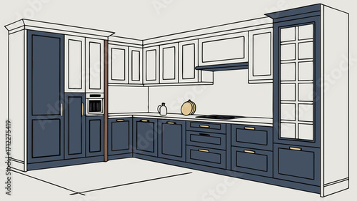 Modern kitchen design two tone cabinetry corner kitchen layout home interior kitchen illustration blue and white kitchen kitchen blueprint kitchen plan home design architectural drawing.