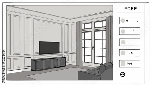 Modern living room interior design sketch with wainscoting large window and TV console.