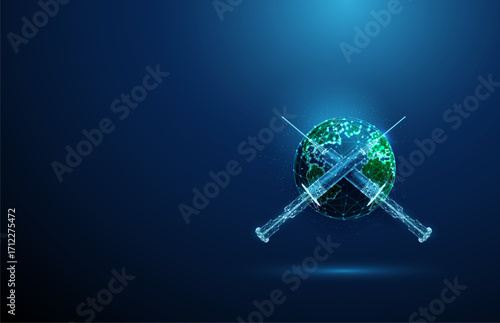 Two crossed syringes in front of planet Earth. Global vaccination, medical research, healthcare, epidemic prevention, worldwide protection concept.