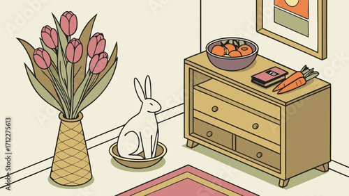 Isometric illustration of a white rabbit tulips and a chest of drawers in a room.