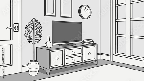 Modern living room interior design flat illustration TV cabinet home decor minimalist style simple room clean lines wall art potted plant clock books furniture grayscale sketch draw.