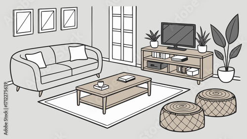 Modern Living Room Interior Design Cozy Apartment Furniture Illustration Home Decor Sketch Comfortable Sofa and Coffee Table.