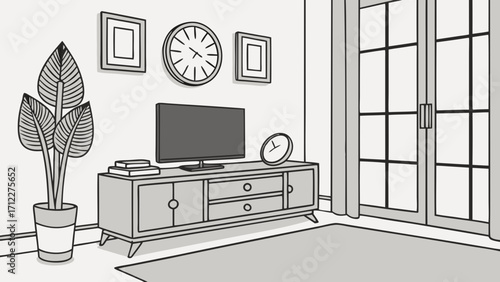 Modern living room interior design minimalist flat illustration television furniture home decor wall art clock plant rug sliding door.