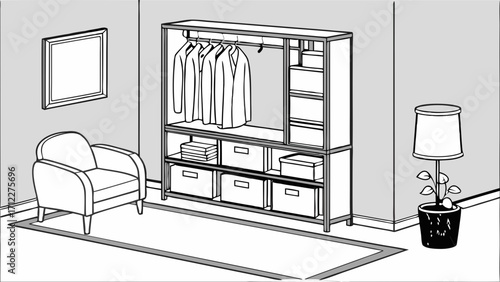 Modern minimalist room interior design with clothing rack and storage.
