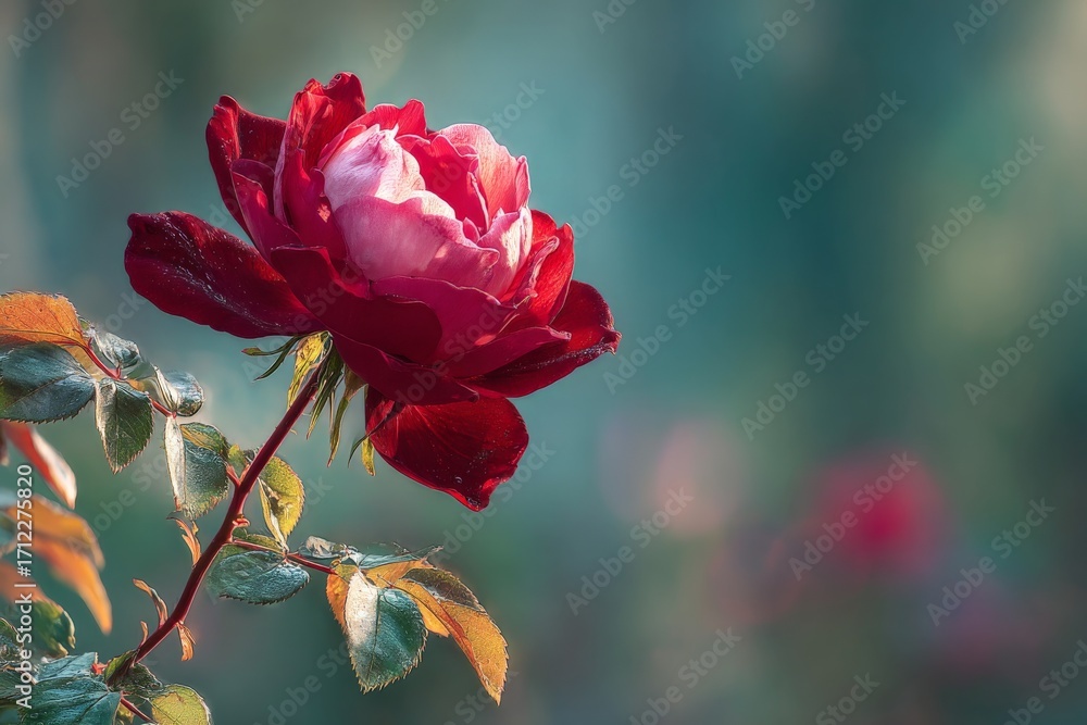 Obraz premium Red rose blooming gracefully in a serene garden during late afternoon sunlight