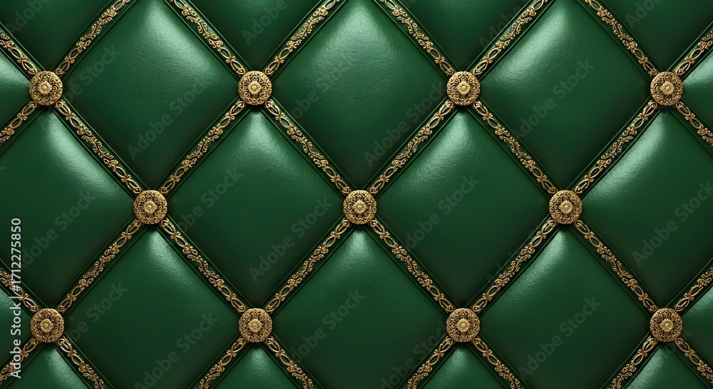 Obraz premium Green tufted upholstery with gold trim and ornate buttons