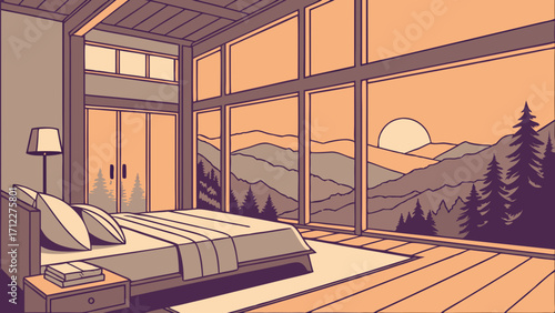 Mountain View Bedroom Interior Design Illustration Sunrise Cozy Room Panoramic Window Modern Home Decor Peaceful Atmosphere.