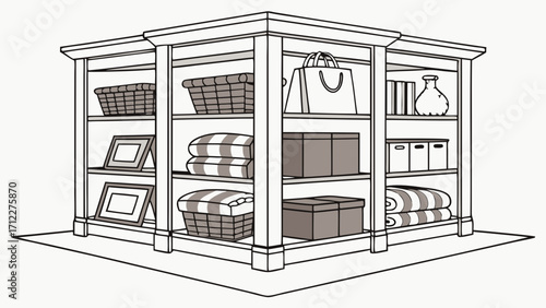 Open Shelving Unit with Home Goods Storage Illustration Interior Design Room Decor Organization Concept.