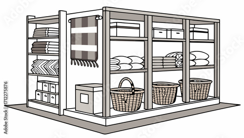 Organized Storage Unit with Shelves and Baskets Linen Closet Illustration Home Organization Design.