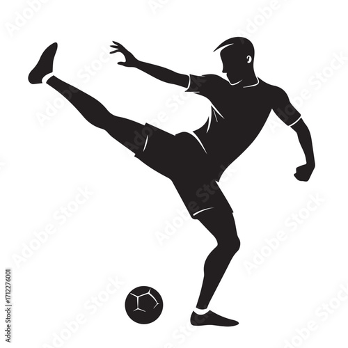 Silhouette of a soccer player kicking a ball, isolated on white background