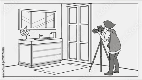 Photographer taking a picture in a modern bathroom using a tripod interior design camera photography home decor.