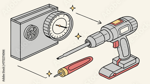 Isometric illustration of tools cordless drill screwdriver and gauge.