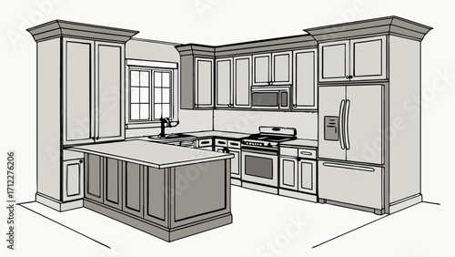 Kitchen design illustration modern cabinetry island appliances home renovation interior design sketch home improvement house plan architectural drawing kitchen remodel blueprint 3D mod.
