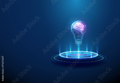 Light bulb with purple brain inside on futuristic podium. Innovative thinking, idea generation, cognitive technology, smart solutions concept.