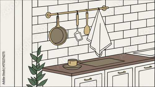 Kitchen interior design illustration minimalist style cooking utensils hanging on a rail coffee cup on counter white brick wall kitchen cabinets simple drawing.