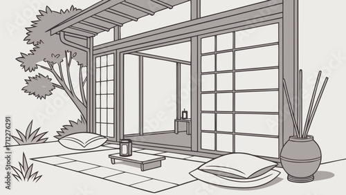 Serene Patio Scene with Sliding Doors Pillows and Incense Burner Tranquil Zen Garden Illustration for Relaxation Meditation and Wellness Designs.