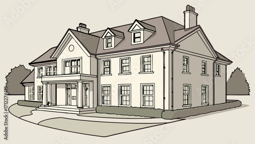 Large Family Home Architectural Drawing House Plan Residential Design Illustration.