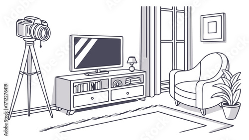 Living Room Interior Design Sketch with Camera on Tripod TV and Armchair.