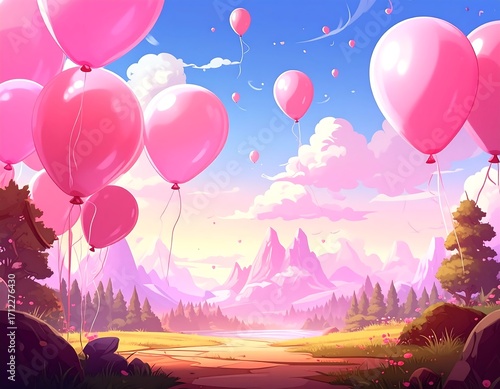 Pink balloons float over a serene landscape