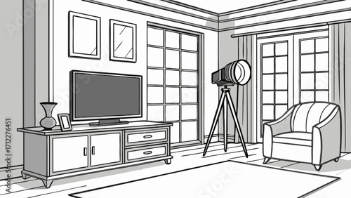 Sketch of a modern living room interior design with furniture and TV.