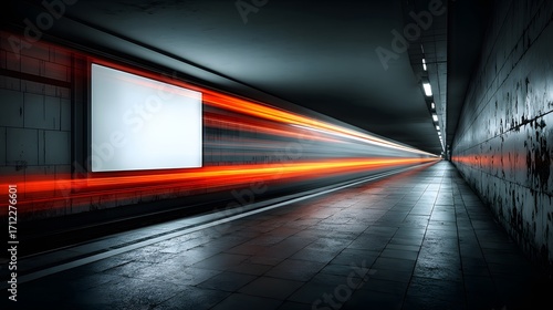 Fototapeta Naklejka Na Ścianę i Meble -  Moody long-exposure of a blank illuminated billboard in a gritty subway. Passing train creates vibrant red and white light trails.