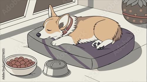 Sleeping Dog on Pet Bed Cute Cartoon Illustration Indoor Pet Scene.