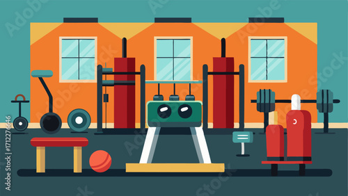 A fully equipped gym with treadmills weight machines and free weights.