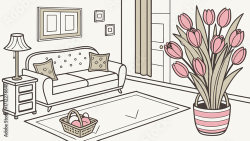 Living room interior design with sofa tulips and Easter basket illustration.
