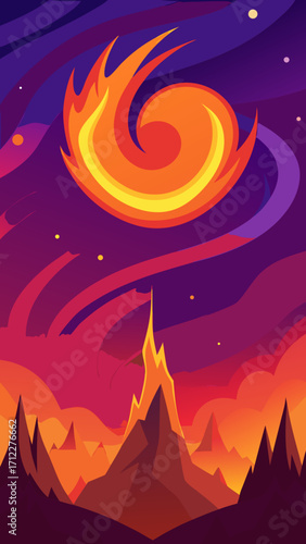 Blazing desert night sky with fiery inferno and burning heart symbol