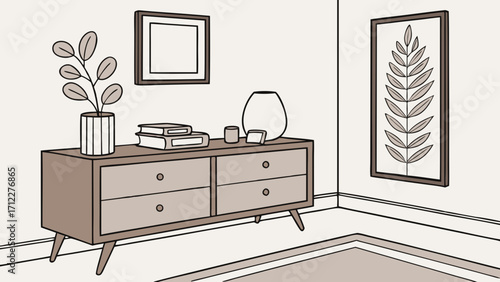 Mid-Century Modern Interior Design Chest of Drawers Home Decor Illustration Neutral Color Palette Simple Line Art Room Corner View.