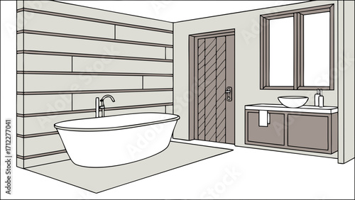 Modern Bathroom Interior Design Freestanding Tub Vanity and Shelving Illustration.