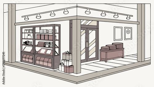 Store interior design retail space shop storefront display shelves products shopping bags modern design commercial space business interior retail illustration isometric view flat desig.