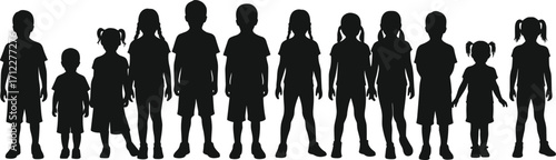 Children silhouette vector, diverse kids standing, black outline illustration, group of boys and girls, child posture, hairstyle, age variation, editable