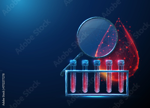 3d blood test rack in front of a blood drop with a magnifying glass. Laboratory diagnostics, blood analysis, medical testing, healthcare concept.