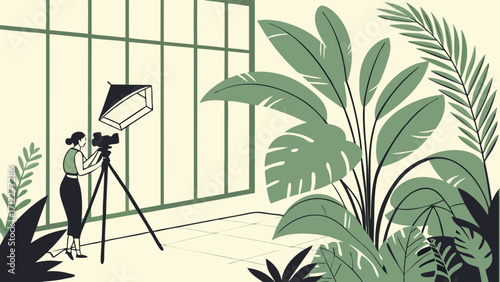 Studio filming videographer with camera on tripod indoor scene with greenery tropical plants professional video production filming equipment lighting setup green leaves minimalist illustr.