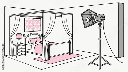Studio lighting setup with four-poster bed and nightstand illustration photography interior design bedroom scene home decor visual art graphic design product mockup room setup home stagi.