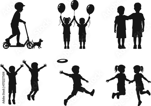 Children silhouette vector, kids playing outdoors, running, jumping, holding balloons, scooter ride, frisbee catch, friendship, fun activity, black isolated design