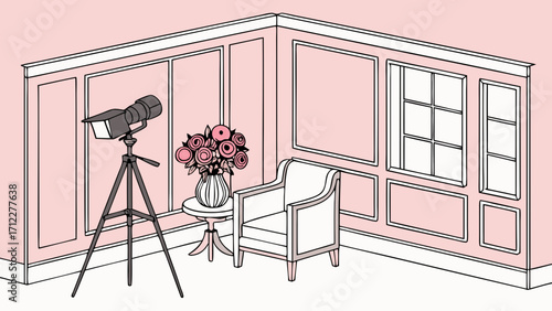 Studio Photography Setup Elegant Room with Lighting Chair and Flowers.