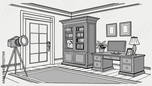Studio Room Interior Design Sketch Home Office Setup with Camera Equipment Desk Bookcase and Pictures Grey Scale Illustration.