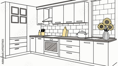 Modern Kitchen Interior Design White Cabinets Sunflowers Clean Lines Home Decor Illustration.