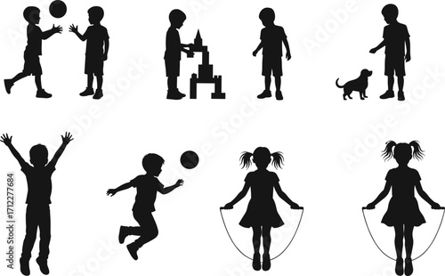 Children silhouette, kids playing, outdoor activity, childhood fun, jumping, skipping rope, teamwork, dog companion, block building, energetic movement, black vector illustration