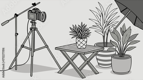 Studio Setup with Camera on Tripod Plants and Umbrella Illustration.