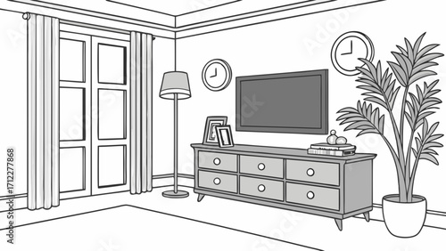 Modern Living Room Interior Design Minimalist Home Decor Simple Flat Illustration Cozy Apartment Sketch Comfortable Room Plan Gray Scale Furniture Stylish Home Design.